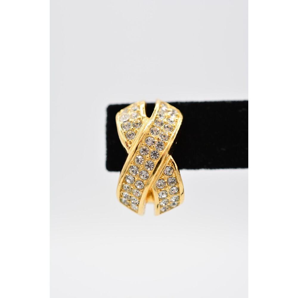 Christian Dior Vintage Clip On Earrings X Rhinestone Crystal Gold Signed BinAO - Picture 6 of 13